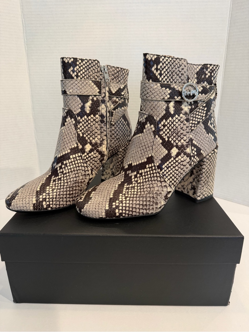 Coach Snake-Print Block Heel Ankle Boots with Buckle Detail - Brown/Black